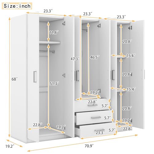 Large Wardrobe Closet 6 Doors, 70.9" W Wooden Wardrobe Cabinet with Big Drawers, Bedroom Armoire Dresser Wardrobe Clothes Organizer (Gray)