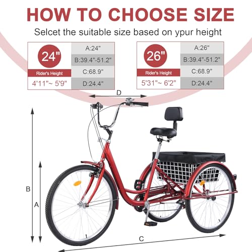 Versatile 24/26-Inch 3-Wheel Adult Tricycle with 7-Speed Gearing and Spacious Basket for Comfortable Riding and Storage for Recreation, Shopping, Picnics