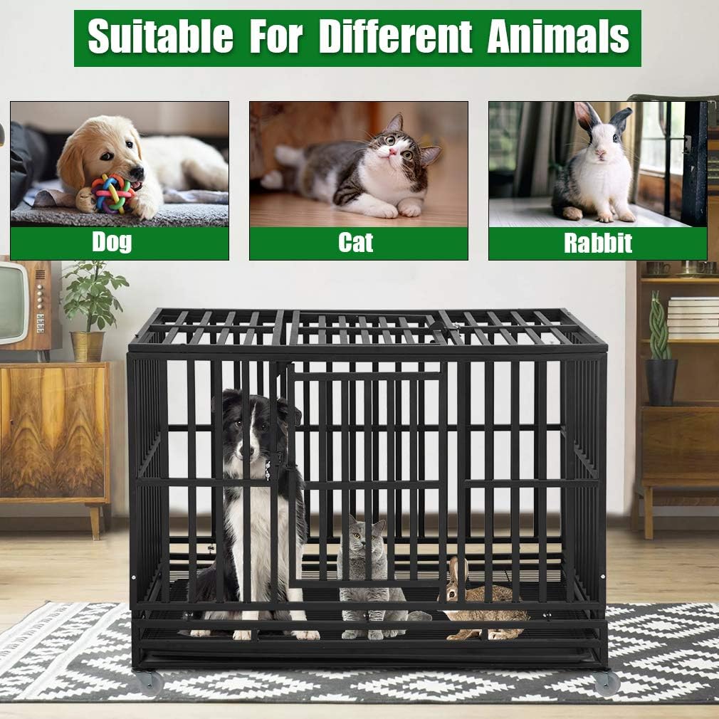 BestPet Heavy Duty Dog Crate Indestructible Dog Cage Dog Kennel for Large Medium Dogs 48 Inches Pet Playpen for Training Indoor Outdoor with Plastic Tray Double Doors & Locks Design,Black