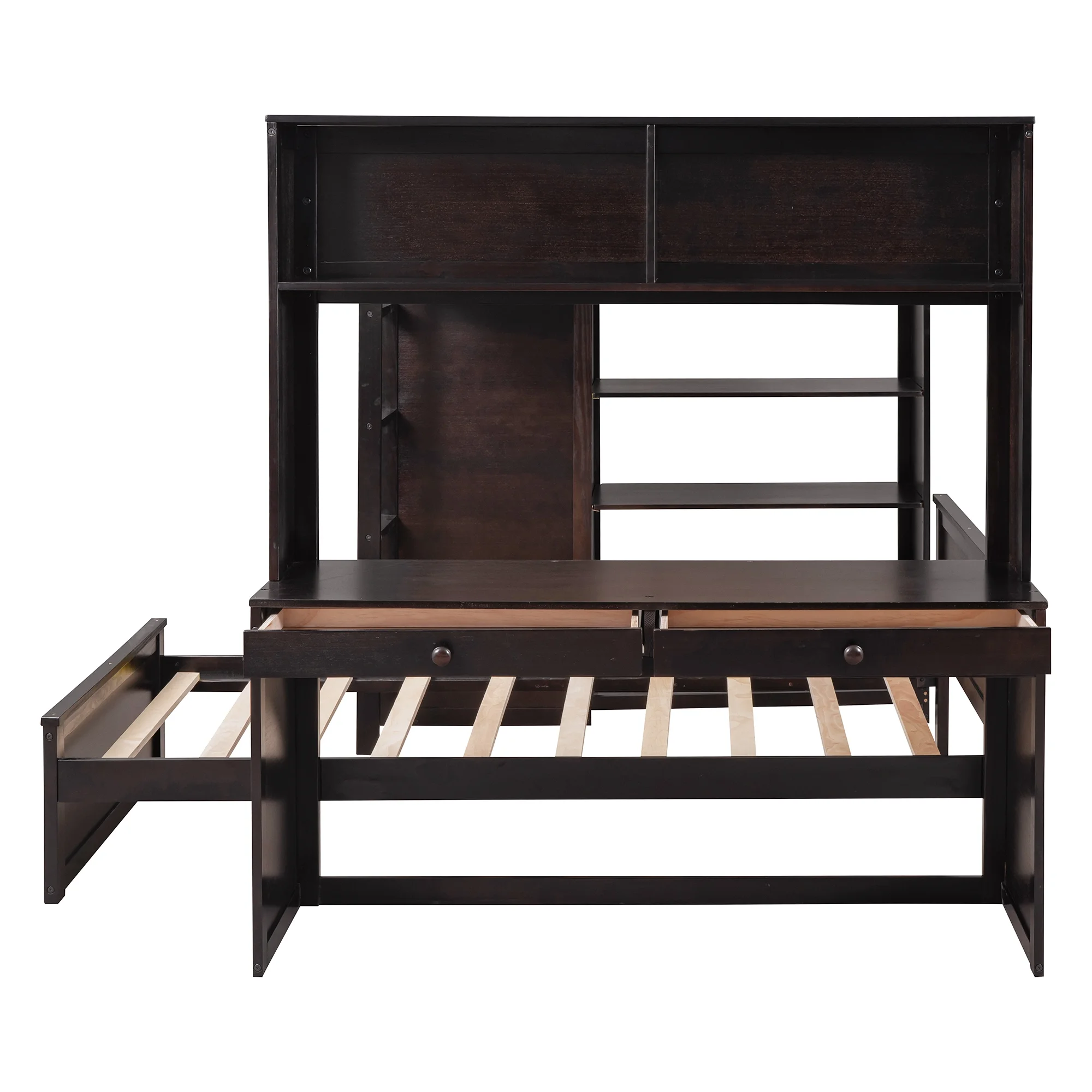 Twin Over Twin Bunk Bed with Storage, Solid Wood Bunk Bed with Shelves, Desk and Wardrobe, Twin Size Loft Bed with a Stand-Alone Bed for Kids Teens Adults (Espresso)