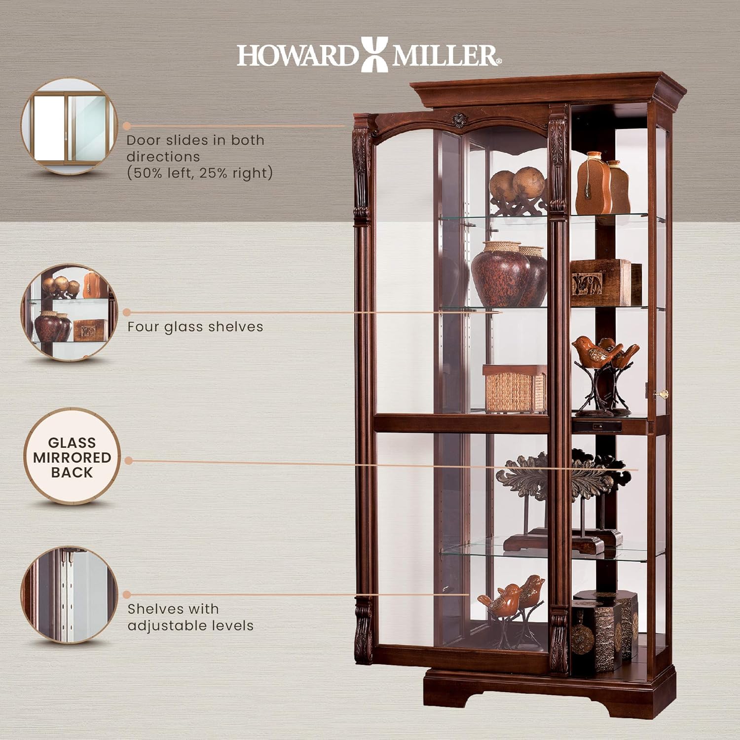 Howard Miller Bernadette Curio Cabinet 680-501 – Hampton Cherry Finish, Heavily Distressed Home Decor, Four Glass Shelves, Five Level Display Case, Locking Slide Door, Halogen Light
