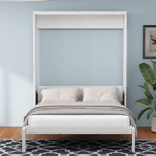 Full Size Murphy Bed with Desk Combo,61.5-inch Wood Cabinet Bed,3 in 1 Folding Wall Bed Murphy beds for Guest Room/Study/Office(White)