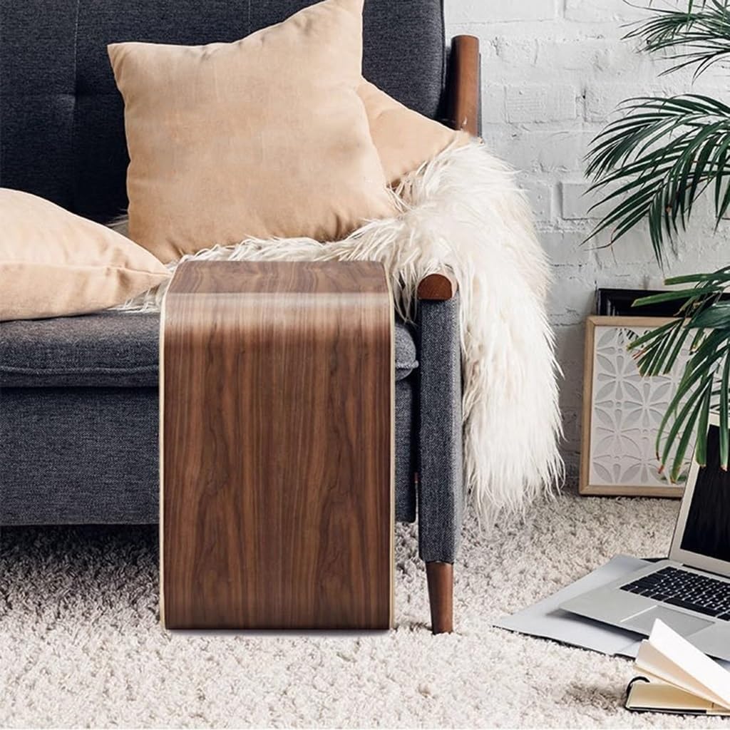 Modern Wooden C-Shaped Sofa Side Table Rectangular Small Walnut Wood Snack Coffee Table, Compact Accent End Table for Livingroom Couch Bedroom