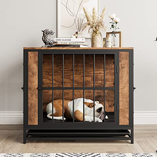 Dog Crate Furniture, Metal and Wooden Dog Crate, Dog Kennels with 3 Doors Indoor, Pet Puppy Crate End Table for Small/Medium/Large Dog, Heavy Duty Dog House, Rustic Black and Brown