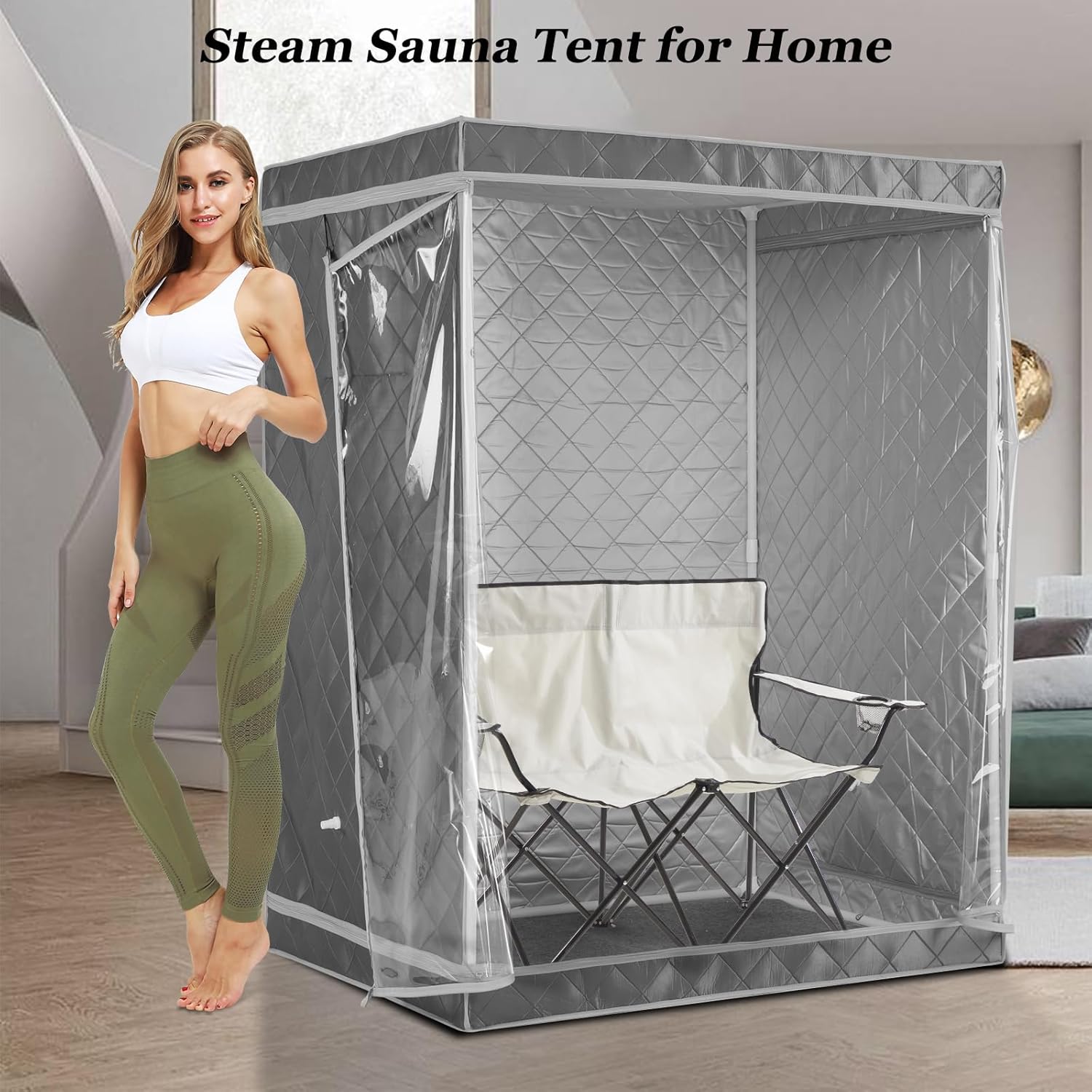 Full Size 2 Person Sauna Tent, Portable Steam Sauna Tent for Home, 2 Person Foldable Lightweight, Full Body Portable Sauna Tent for Home, 2 Person Foldable Chair, Steamer Not Included (Grey)