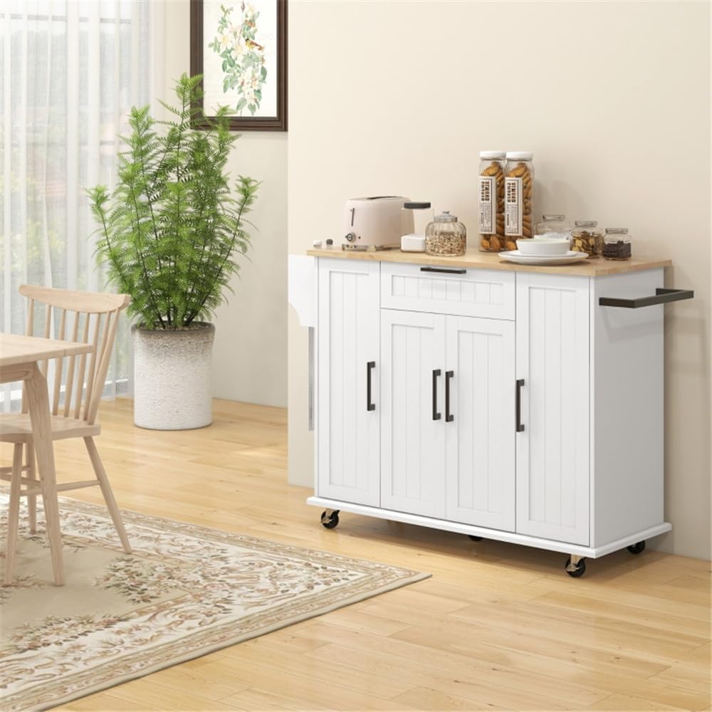 Rolling Kitchen Island on Wheels Kitchen Cart with Solid Wood Drop Leaf Breakfast Bar, 1 Storage Drawer 4-Door Cabinets Spice Rack,White