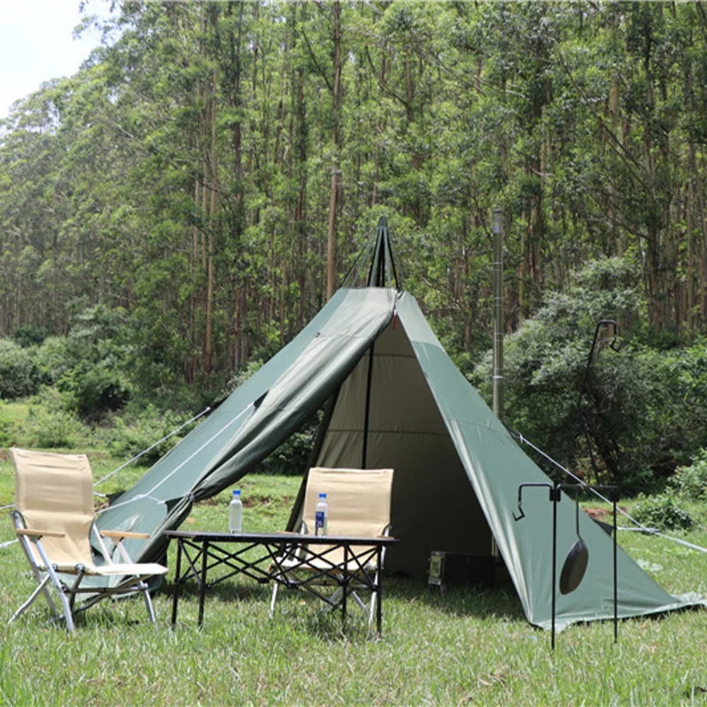 UNISTRENGH 4 Season Waterproof Oxford Teepee Tent With Stove Jack For Camping Hiking Green Pyramid Tent With Full Mesh
