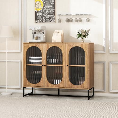 Henf Sideboard Buffet Cabinet with 3 Fluted Glass Doors, Modern Wood Kitchen Storage Cabinet Sideboard w/Height-Adjustable Shelf, Accent Console Table for Kitchen Dining Living Room Hallway Office
