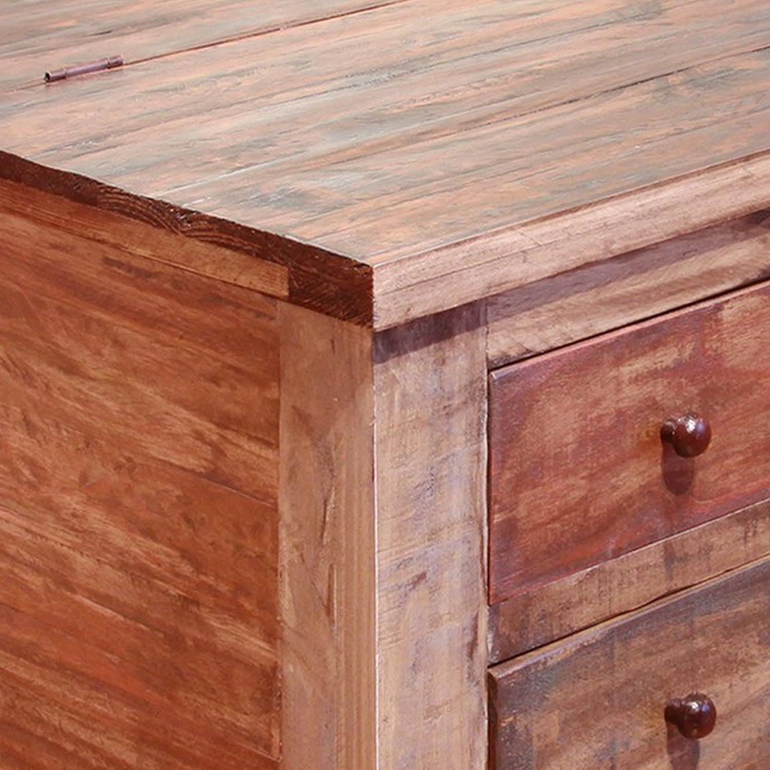 Benjara Fena 50 Inch 8 Drawer Coffee Table, Lift Top, Distress Pine Wood, Brown and Multicolor