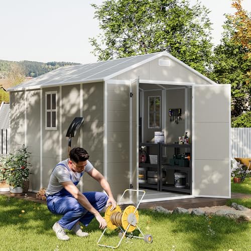 UDPATIO Outdoor Storage Shed 6 x 6 FT, Resin Garden Sheds with Floor Plastic Patio Outdoor Storage Shed with Lockable Door for Tool, Bike, Garbage Gray White