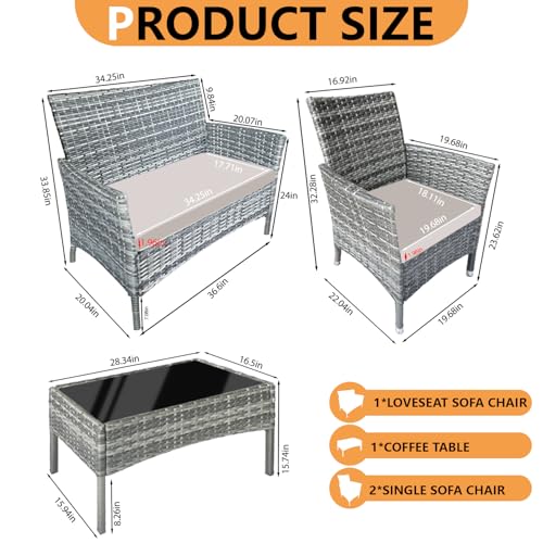 Patio Furniture Set 4 Pieces,Rattan Wicker Double Sofa, Coffee Table,Conversation Outdoor Sets, with Coffee Table and Soft Cushions, Garden Balcony Backyard Lounge Chairs (Black+Khaki Cusion)
