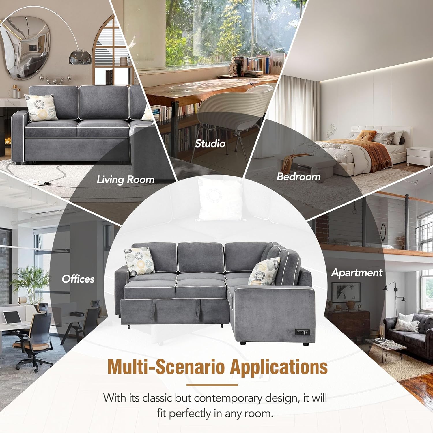 Modern Convertible Sleeper Sofa Linen 5 Person Large L-Shape Sectional Couch with Multi-Functional Pull Out Bed, 2 USB Ports, 2 Power Sockets and 3 Pillows for Living Room, Bedroom, Office