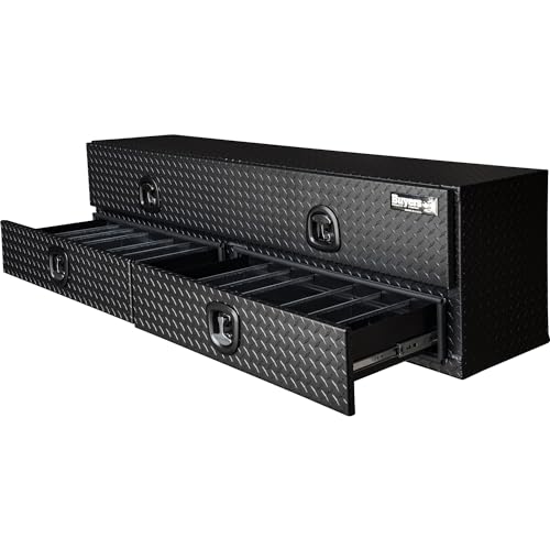 Buyers Products 1701578 Aluminum Heavy-Duty Flatbed Contractor Truck Tool Box With One Lower Door, Aluminum Diamond Tread, 21 x 18 x 72 Inch, Made In The USA, Contractor Job Box For Bed Of Truck