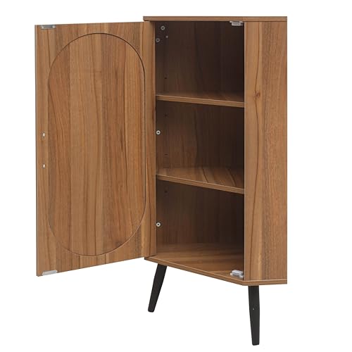 Boho Corner Storage Cabinet,Freestanding Bookcase with Rattan Doors & Adjustable Shelves, Corner Shelf Stand for Living Room, Bathroom, Bedroom,Natural
