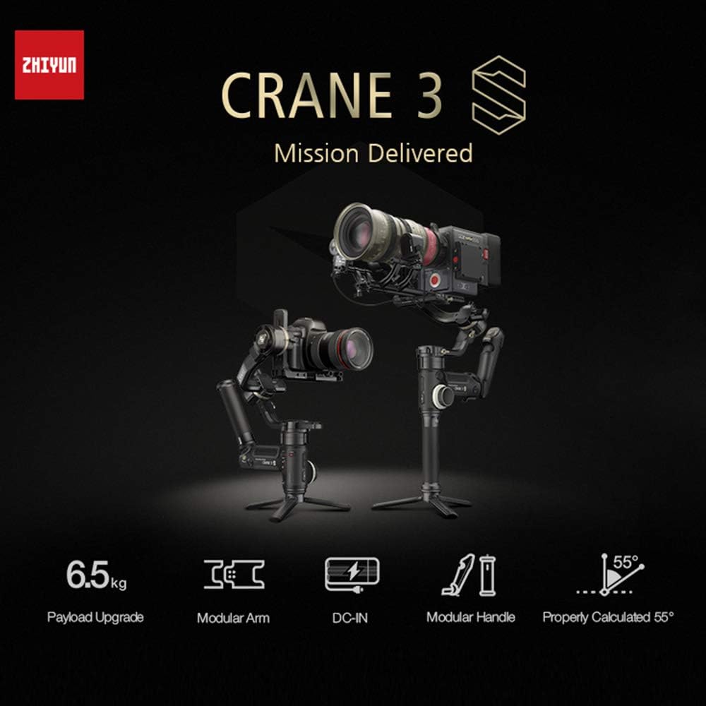 Zhiyun Crane 3S 3-Axis Handheld Gimbal Stabilizer for DSLR Cameras and Camcorder, 6.5kg Payload, Extendable Roll Axis, 12 Hours or Longer Continuous Uptime, DC-in (Pro Package)