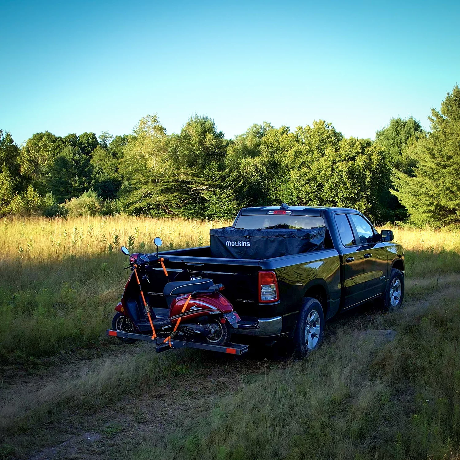 Mockins 73" Stainless Steel Dirt Bike Hitch Mount Hauler with Ramp and Accessories - Rust Proofed Hitch Carrier Supports 500 lbs.