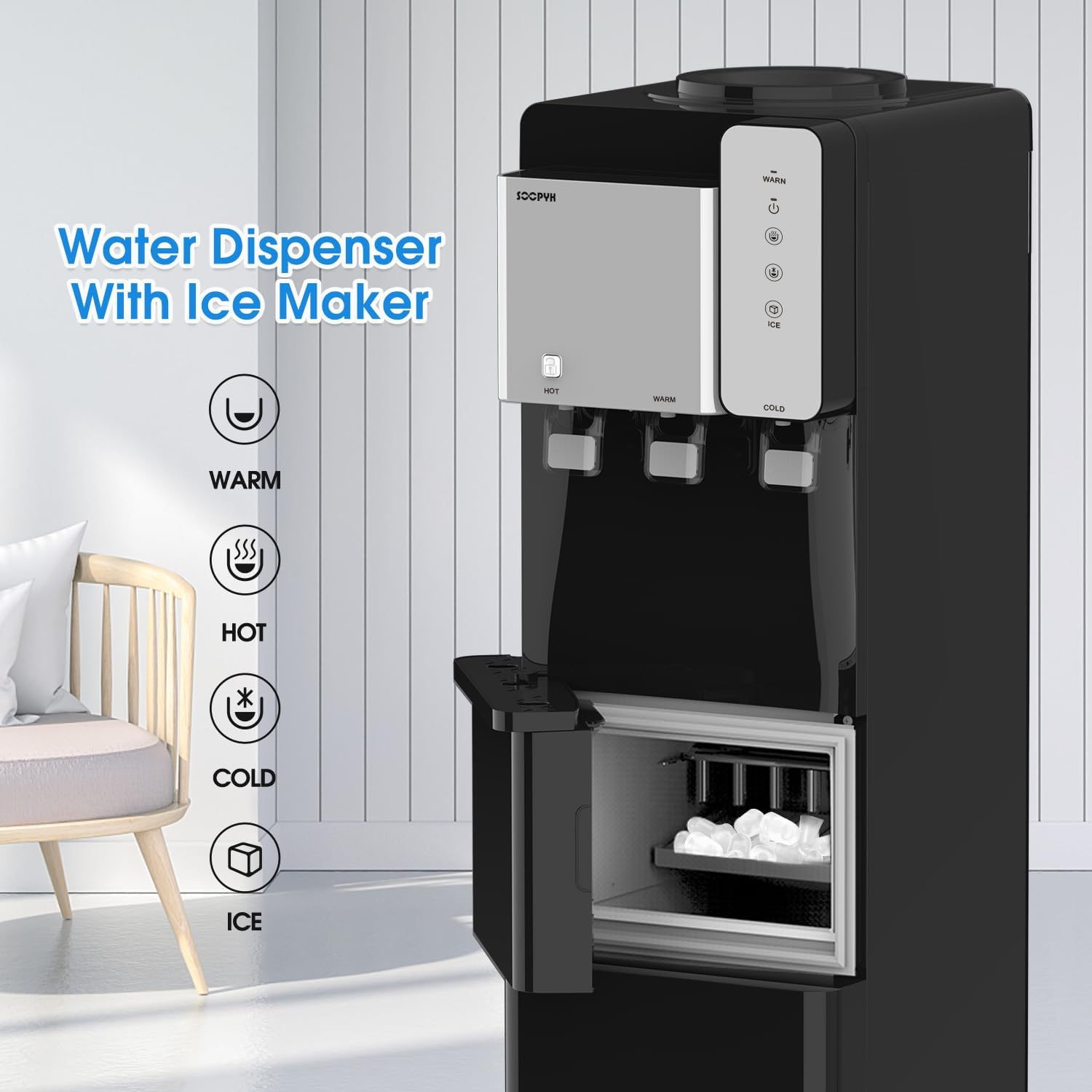Hot and Cold Water Cooler Dispenser with Ice Maker 5 Gallon Bottle Top Load Built-in Ice Maker Perfect for Home Office