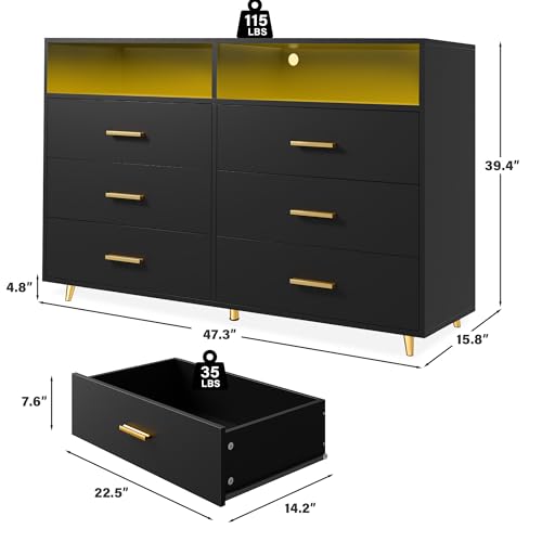 EnHomee Dresser for Bedroom, Black Dresser & Chests of Drawers, 6 Drawer Dressers with LED, Wood Dresser，Bedroom Dresser with Large Organizer，Modern Dresser Bedroom Furniture for Bedroom Closet