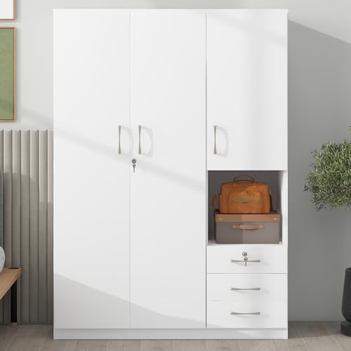 LZ LEISURE ZONE Wardrobe Closet Storage Cabinet with Lockable Doors, Large Wooden Armoire Wardrobe Closet with 3 Drawers, Hanging Rod and Shelves, Bedroom Armoires Wardrobe Clothes Organizer, White