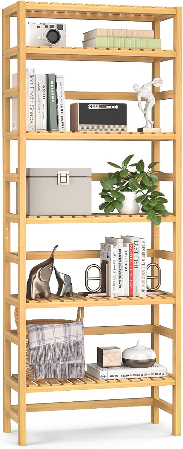 Homykic Bamboo Bookshelf, 6-Tier Adjustable Tall Bookcase 63.4” Book Shelf Rack Organizer Shelving Unit Free Standing Storage for Living Room, Bathroom, Study, Kitchen, Bedroom, Home Office, Espresso