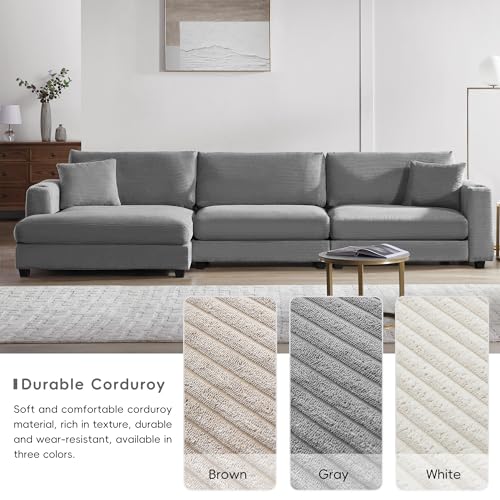 Oversized Corduroy Sectional Sofa, L Shaped Cloud Couch with USB Charging Port,Cup Holder,Deep Seat Sofa Bed with 50" Chaise, Comfy Indoor Furniture for Living Room Apartment (Beige)