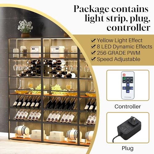 Merax Wine Rack with LED Lights & Glass Holder, Contemporary Freestanding 7-Tier Tall Bar Cabinet, Luxury Kitchen Furniture for Liquor Storage, Black Gold