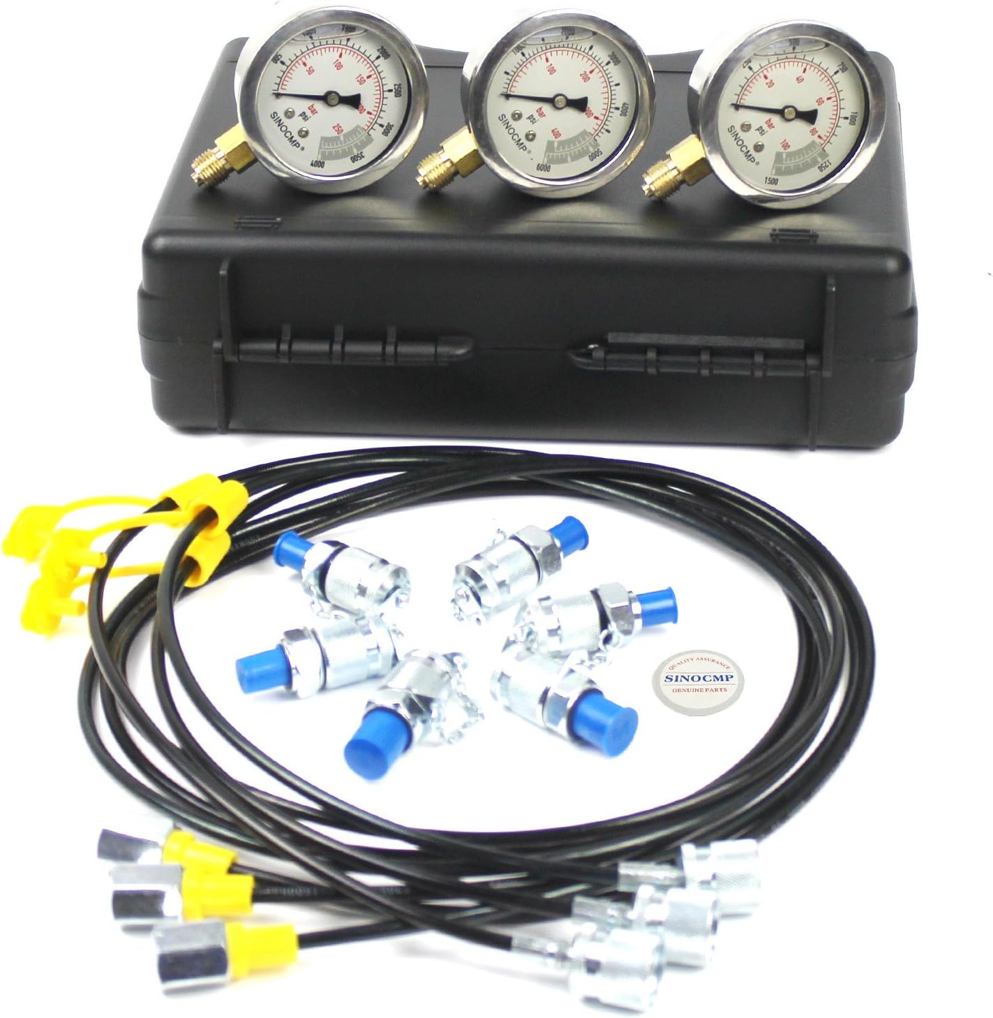 Upgraded Version Hydraulic Pressure Gauge Kit - SINOCMP Excavator Hydraulic Kit Stainless Steel Pressure Gauge Test Gauge Kit for Excavators, 2 Years Warranty
