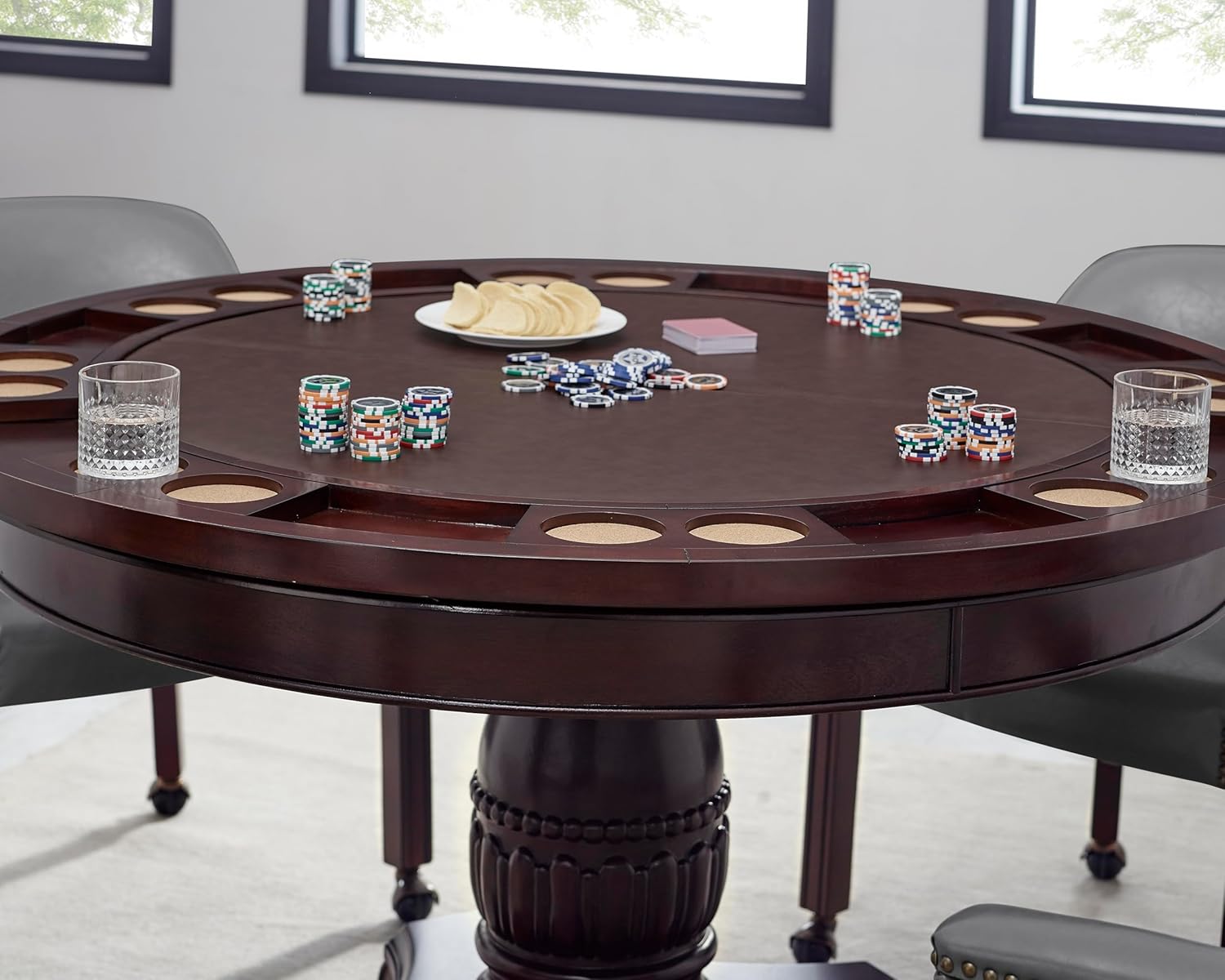 Tournament 5 Piece Dining Or Game Table Set, Hardwood Solids and Cherry Veneers, Folding Game Top, Brown Faux-Leather Surface, includes 4 Captain's Chairs