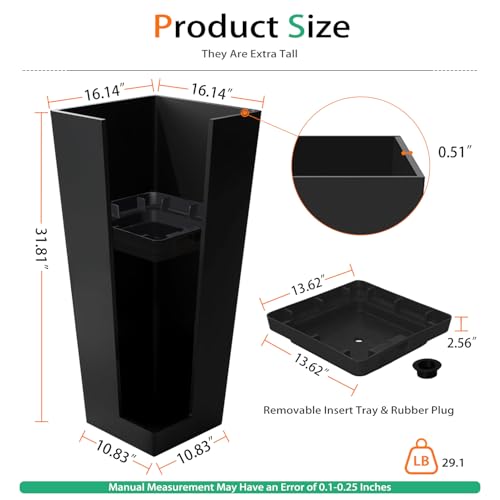 Tall Planter Outdoor Indoor, Large Resin Plant Pots for Trees Flowers (Black, 27.5 inch - 2 Pack)