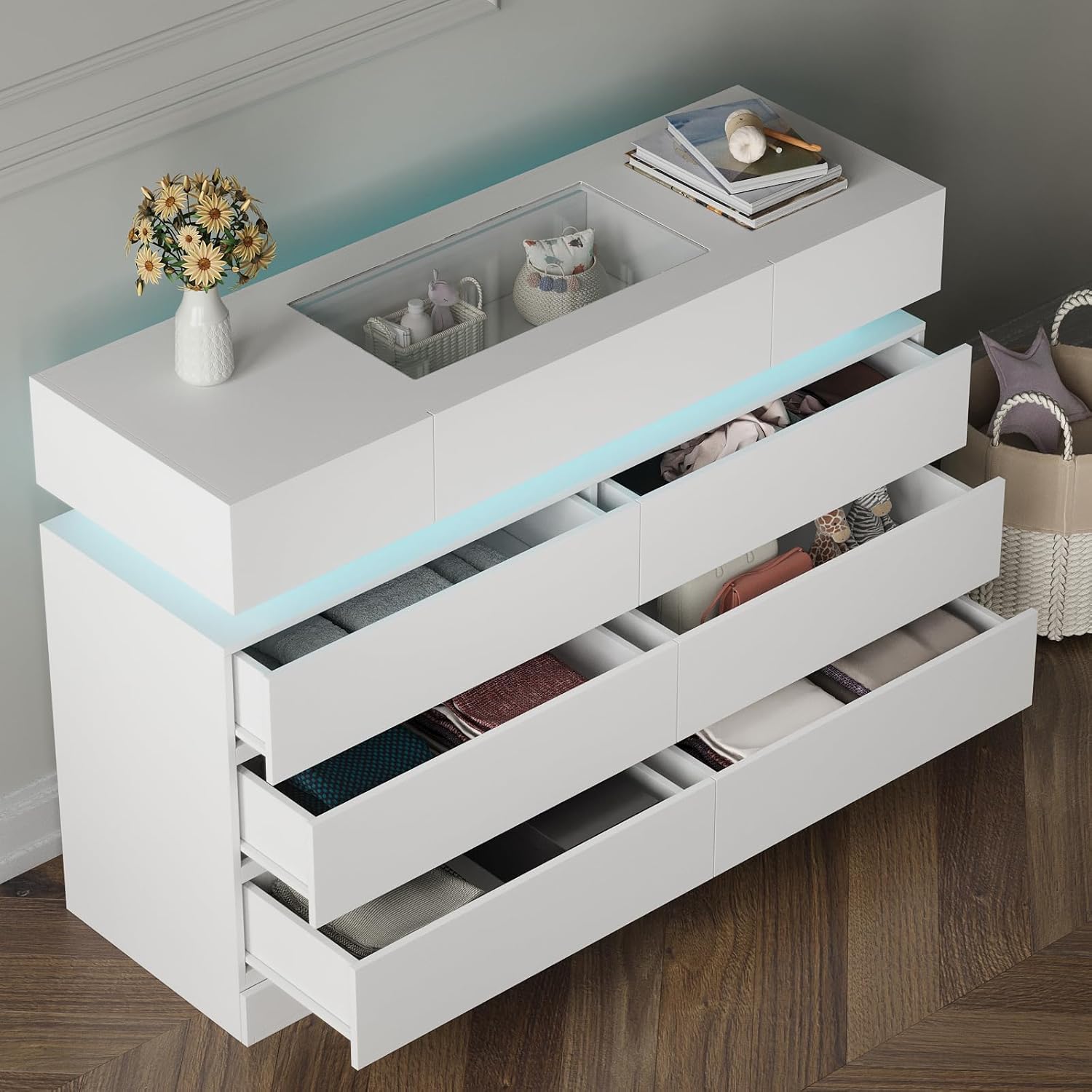 ARTETHYS White Dresser for Bedroom 6 Drawer Dresser Organizer for Closet Clothes Chest of Drawers with LED Lights 47’’ Modern Storage Cabinet with Glass Top for Living Room Entryway Hallway