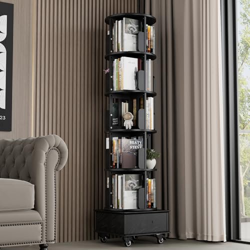 Solid Wood Rotating Book Shelf, 360° Display Bookcase with Drawer, 5-Tier Mobile Bookshelf with Wheels, 79" Tall Bookcase for Narrow Space, Spinning Bookshelf Tower for Home Office, Study Room, Black