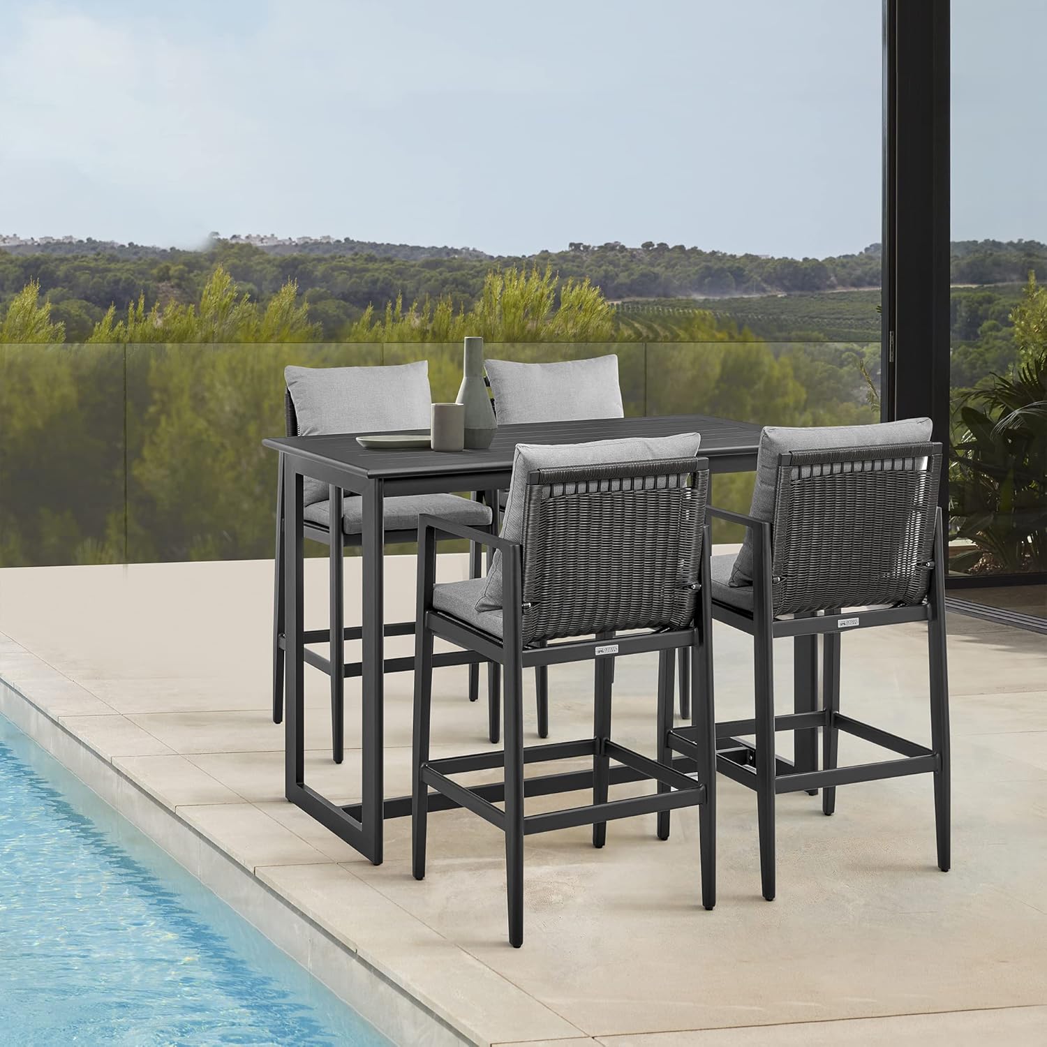 Armen Living Grand Modern Outdoor Patio Bar Table and Stools Set, 5 Piece, Black