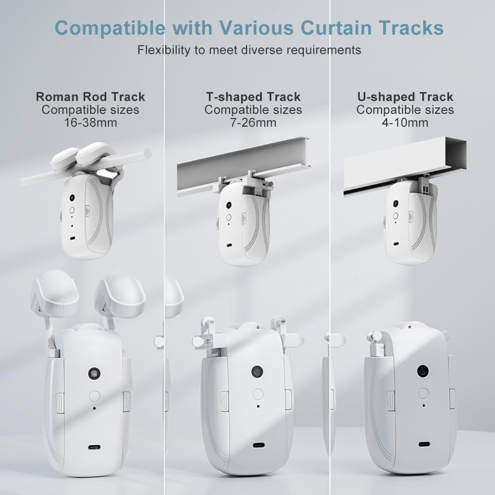 Smart Automatic Curtain Opener: 2PCS Remote Control Electric Curtain Robot with App/WiFi/Remote, High-Performance Motor Compatible with Alexa, Google, Siri for Roman Rod, T/U-shaped Track