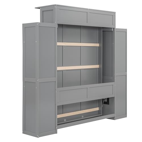 CITYLIGHT Full Size Murphy Bed with Storage Shelves and LED Lights, Easy Fold Wood Wall Bed, Space-saving Murphy Bed Cabinet for Guest Room Home Office, Grey