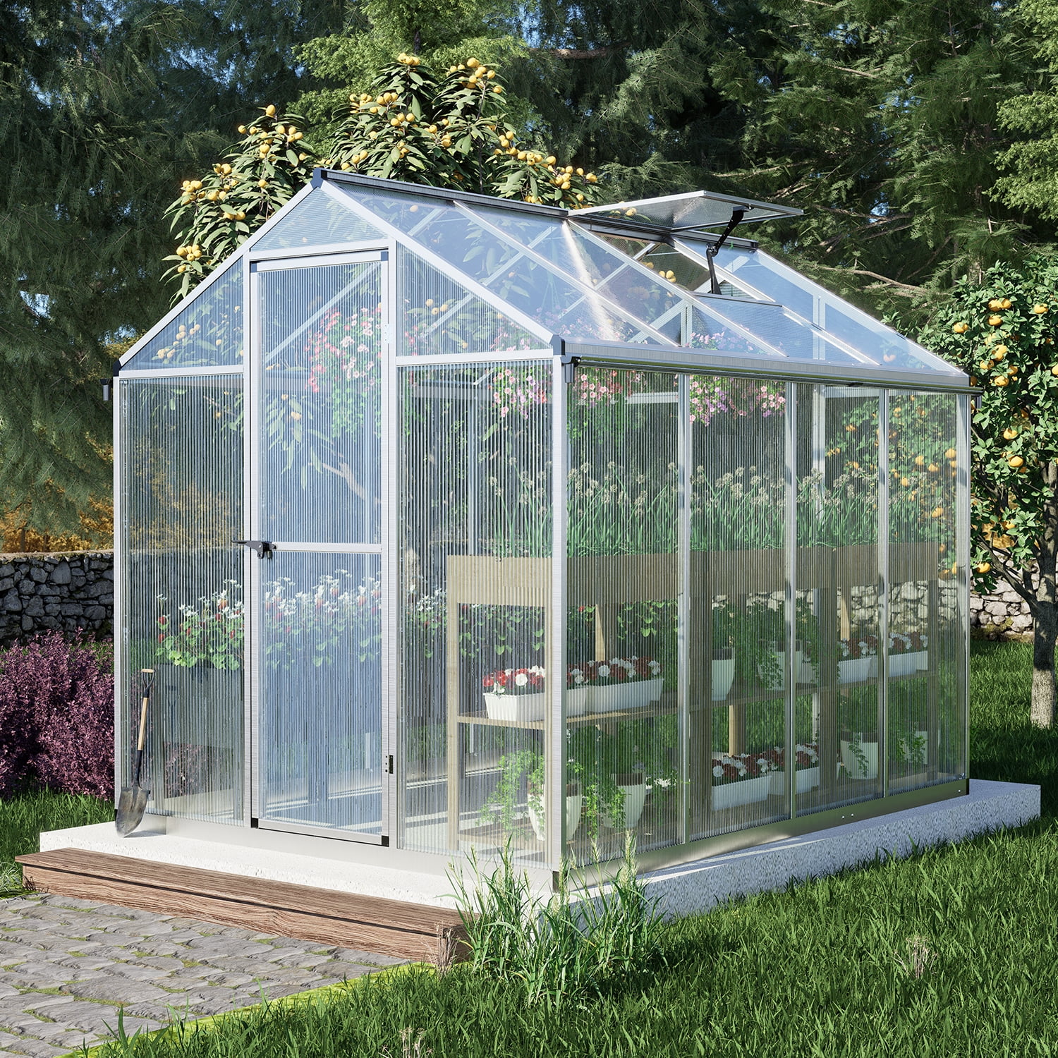 Aoodor 6' x 8' Walk-in Polycarbonate Greenhouse with Roof Vent and Door lock, Heavy Duty Aluminum Frame and Polycarbonate Panels, for Backyard Garden - White