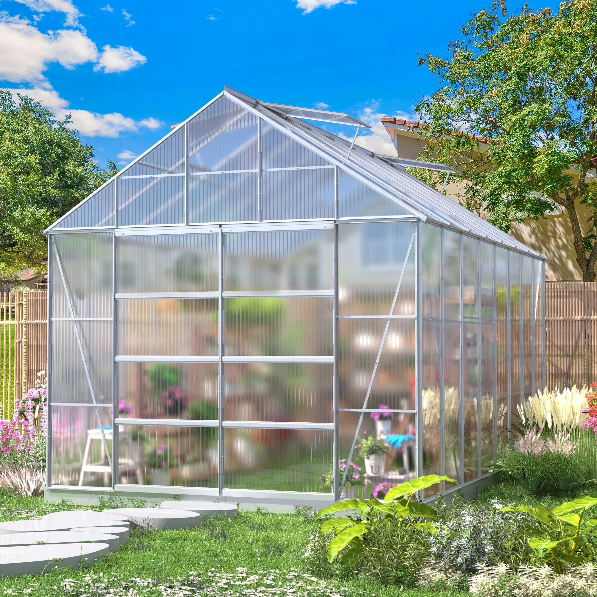 Mellcom 10' x 16' Walk-in Hobby Greenhouse, Outdoor Sliver Aluminum Frame Polycarbonate Green House with Adjustable Roof Vent