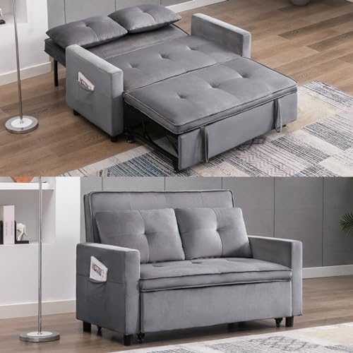 Loveseat Pull Out Couch,2 in 1 Upholstered Convertible Folding Sofa Bed,Small Futon Sofa Bed,Pull Out Sleeper Sofa Couches with Storage Pocket for Small Spaces,Living Room,Apartment(Dark Grey)