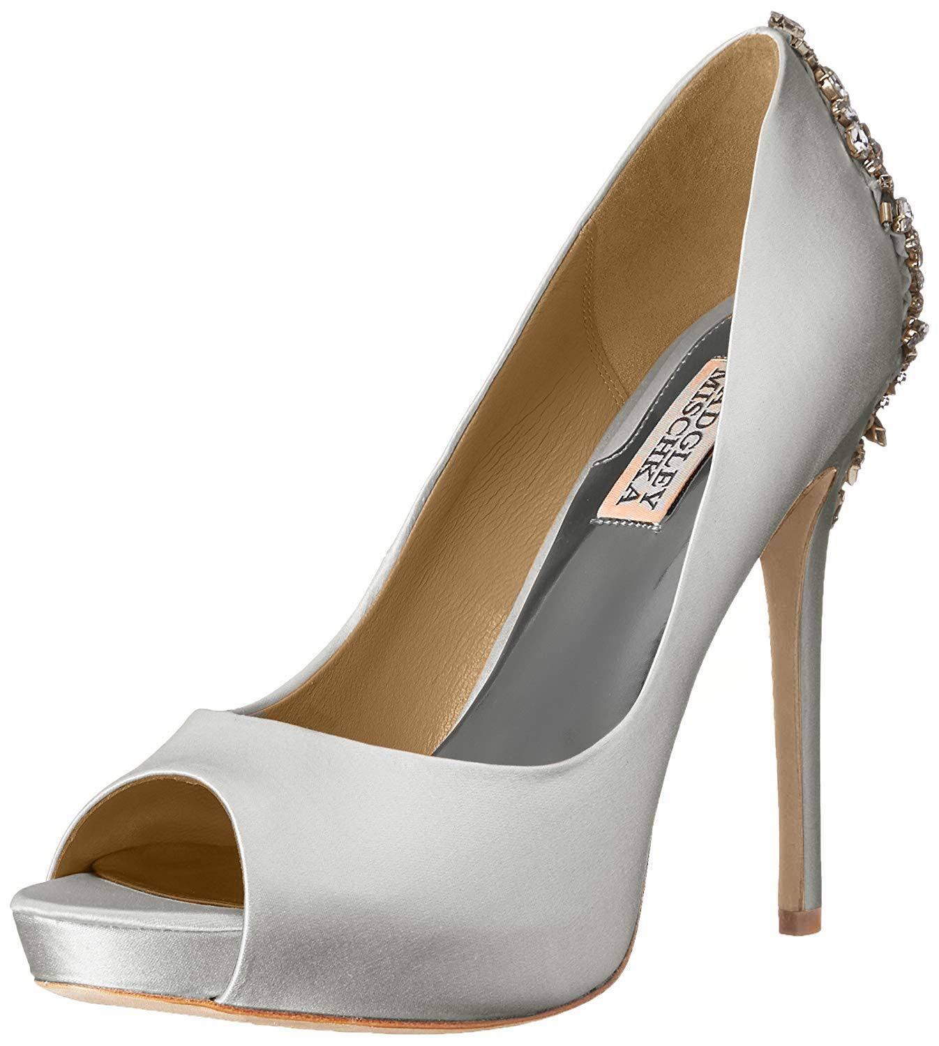 Badgley Mischka Kiara Jeweled Satin Peep-Toe Pumps, Size: 8, White