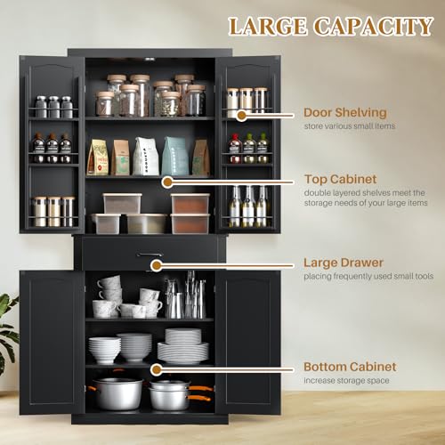 HollyHOME 72" Kitchen Pantry Cabinet, Storage Cabinet with 4 Doors and 1 Drawer, Freestanding Cupboard with Adjustable Shelves and 6 Door Shelves for Kitchen, Dining Room, Living Room, White