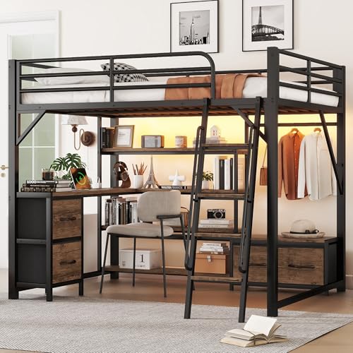 Full Size Loft Bed with Stairs and Storage, Metal Loft Bed Frame with Bedside Shelf and Large Under-Bed Space, Heavy-Duty Bed for Adults Teens and Kids, Black