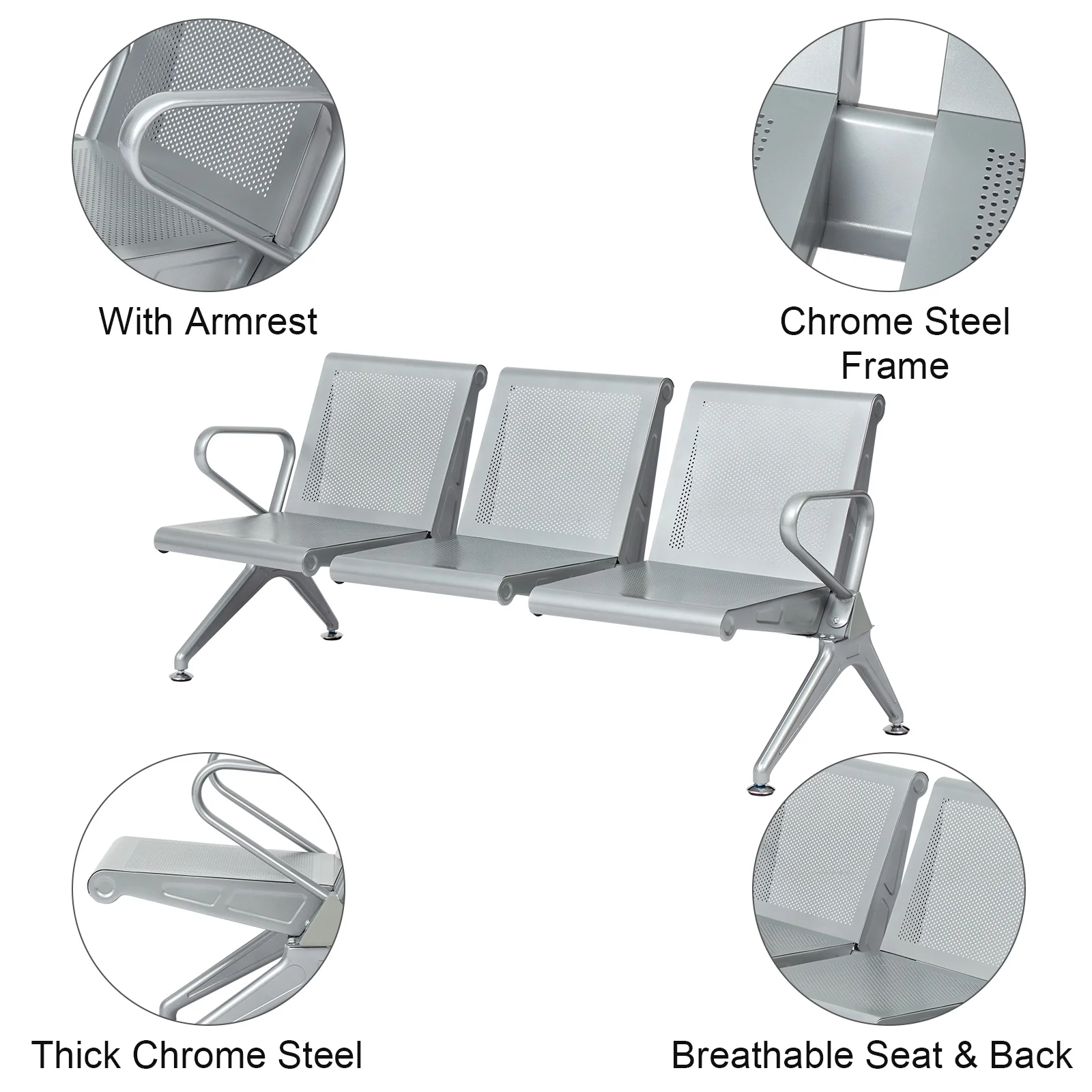 Kinbor 3-Seat Office Guest Waiting Chair Bench with Steel Frame for Bank Airport Conference Home, Silver