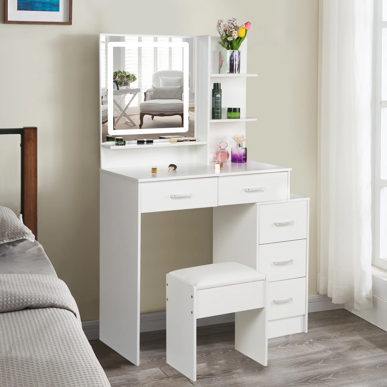 JBLCC Vanity Set with LED Lighted Mirror, Makeup Vanity Desk with Drawers and Shelves, Dressing Table with Stool, White Vanity for Girls Bedroom