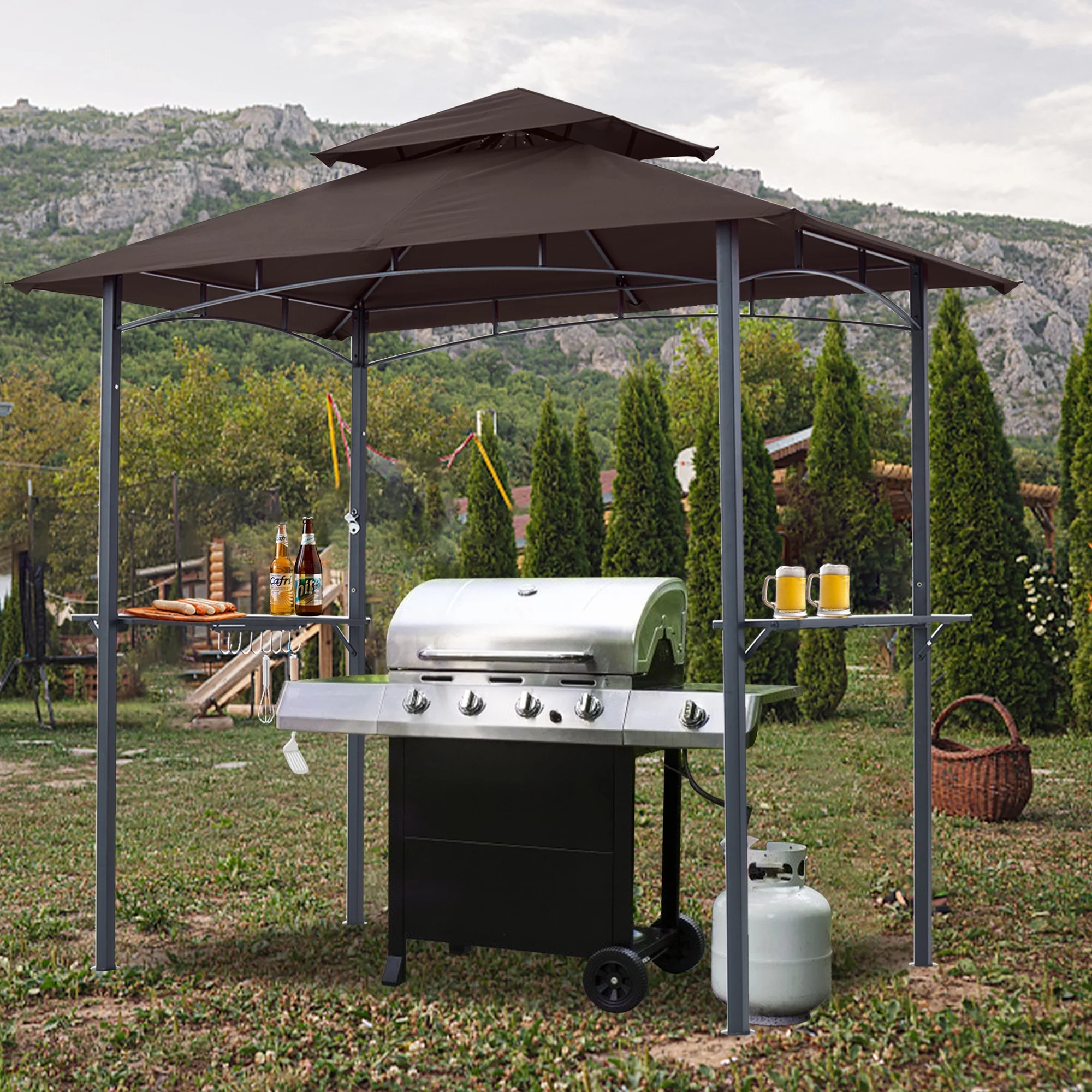 ABCCANOPY 8'x 5' Grill Gazebo Shelter, Double Tier Outdoor BBQ Gazebo Canopy with LED Light(Brown)