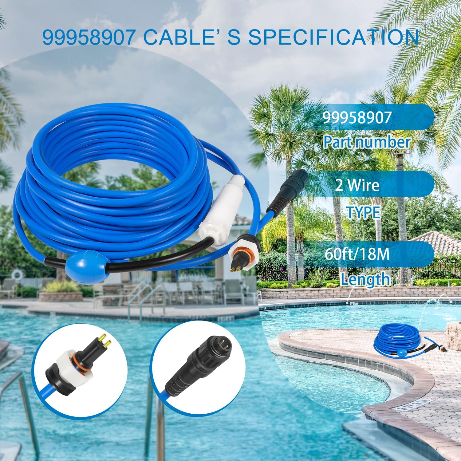 99958907-DIY Cable and Swivel- 2 Wire - for Dolphin Robotic Pool Cleaners Active 20, Advantage Ultra, Discovery, Explorer E30, Proteus DX4, Quantum, S200, T35, Triton PS - 18M(60ft)