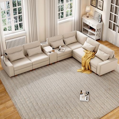 Modular Sectional Sofa, Convertible U Shaped Sofa Couch with Central Console & USB Ports, 7 Seat Modular Sectionals Couch with Chaise and Storage for Living Room, Light Grey