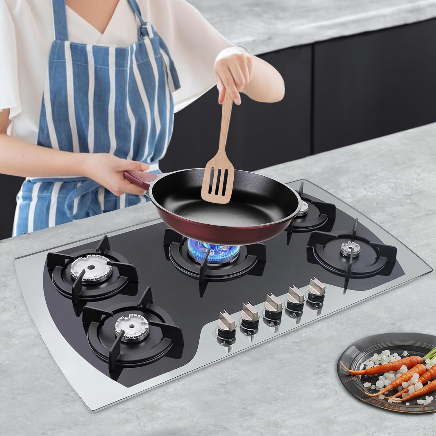 5 Burners 35.4", Built-In Gas Cooker, Stove Top Gas Cooktop Tempered Glass Stovetop Cooker for for Kitchen, Home, Apartments, RVs, Easy To Clean