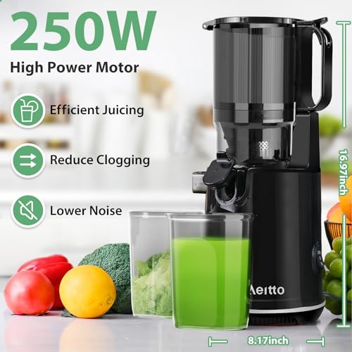 Juicer Machines,Aeitto Cold Press Juicer with 5.3“ Extra Large Feed Chute for Whole Fruits & Vegetables, Juice Extractor Machine, Self Feeding, Easy to Clean, High Juice Yield, Black