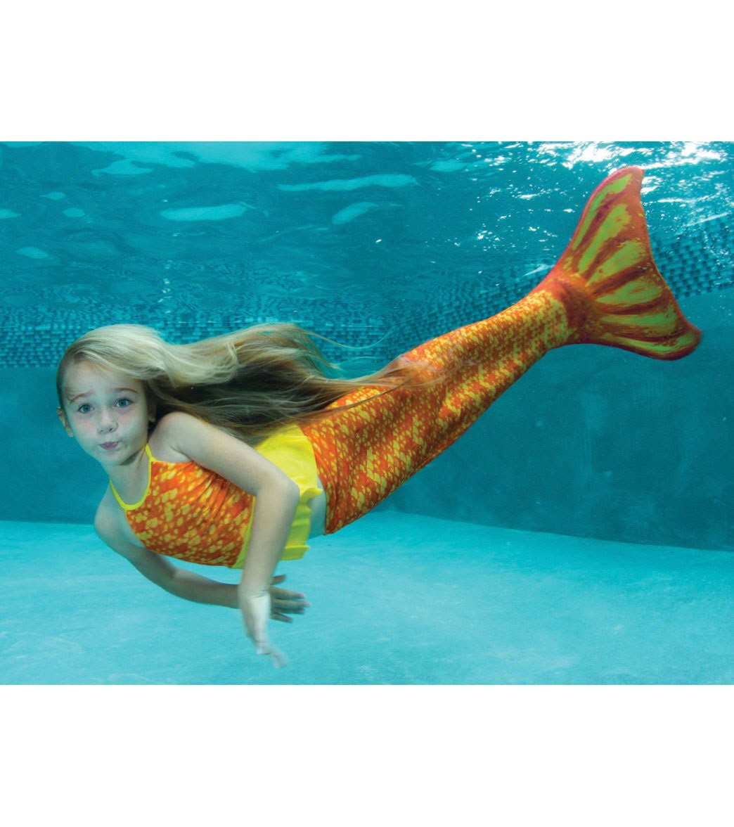 Fin Fun Mermaid Tail with Monofin for Swimming in Tropical Sunrise, Child 06, Orange