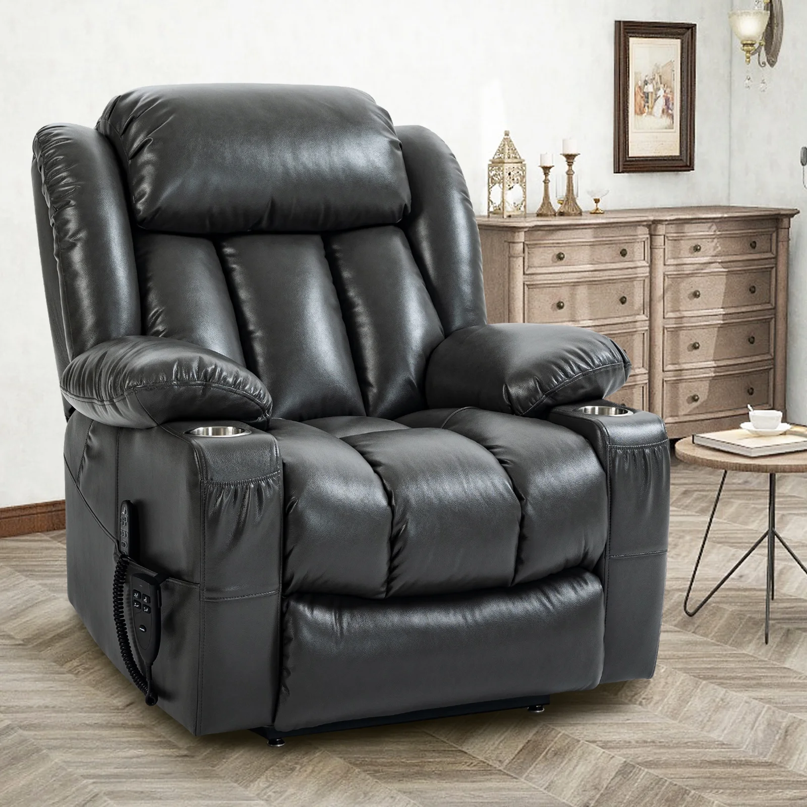 Lay Flat Dual Motor Power Lift Recliner Chair, Electric Power Lift Recliner with Massage, Home Theater Seating with Cup Holders, Massage Recliner Chair for Living Room, Bedroom, Gray