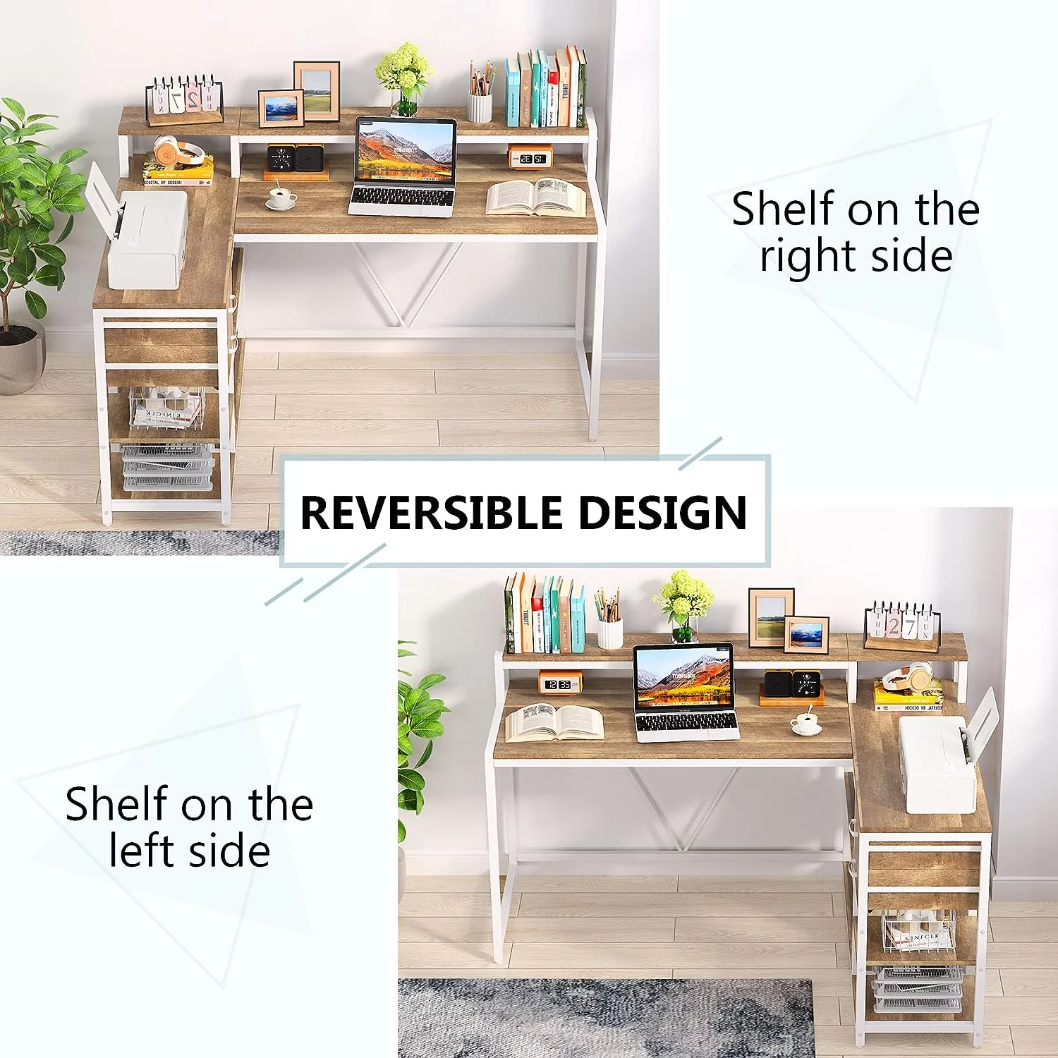 Tribesigns L Shaped Desk with Drawer, Corner Desk Home Office Table with Storage Shelves and Monitor Stand, Rustic Wooden and Metal PC Desk for Small Space